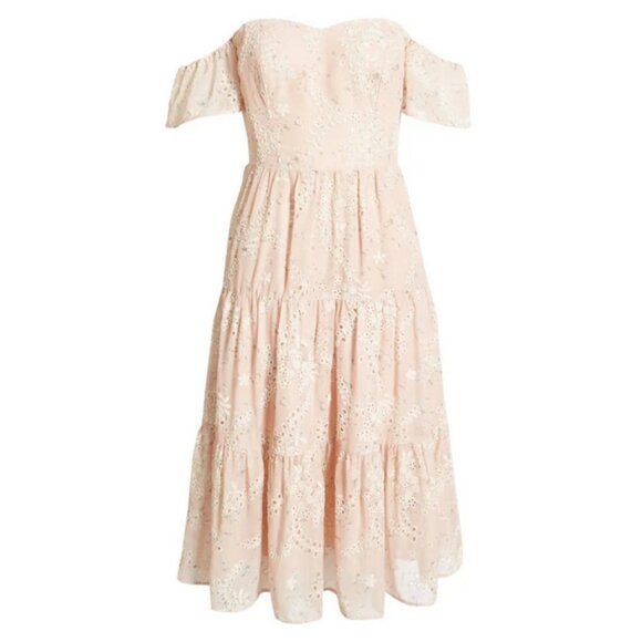 💕DRESS THE POPULATION💕 River Off the Shoulder Tiered Hem Dress ~ Blush XS NWT - Picture 6 of 15